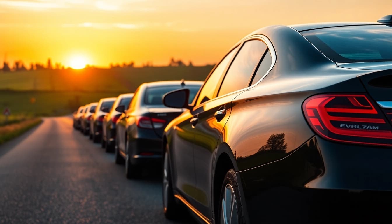 Admiring Swan Cars parked elegantly along a picturesque countryside road.