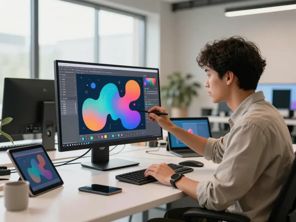The scene showcases a vibrant workspace where a young professional explores sex AI concepts through interactive design tools.