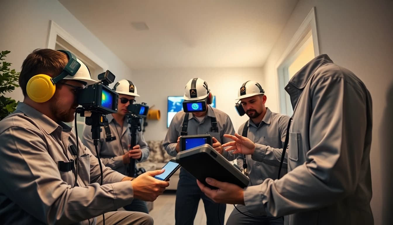 Water leak detection technicians using advanced tools in a residential setting.