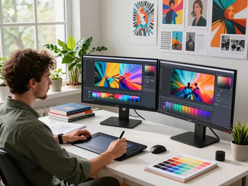 Creative digital artist using nano banana 2 for image editing in a vibrant workspace.