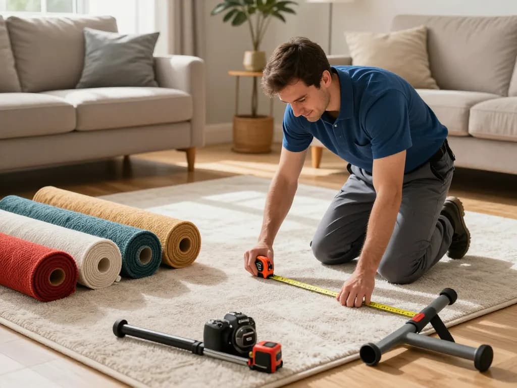 Professional carpet fitters near me demonstrating quality carpet installation in a cozy living room.