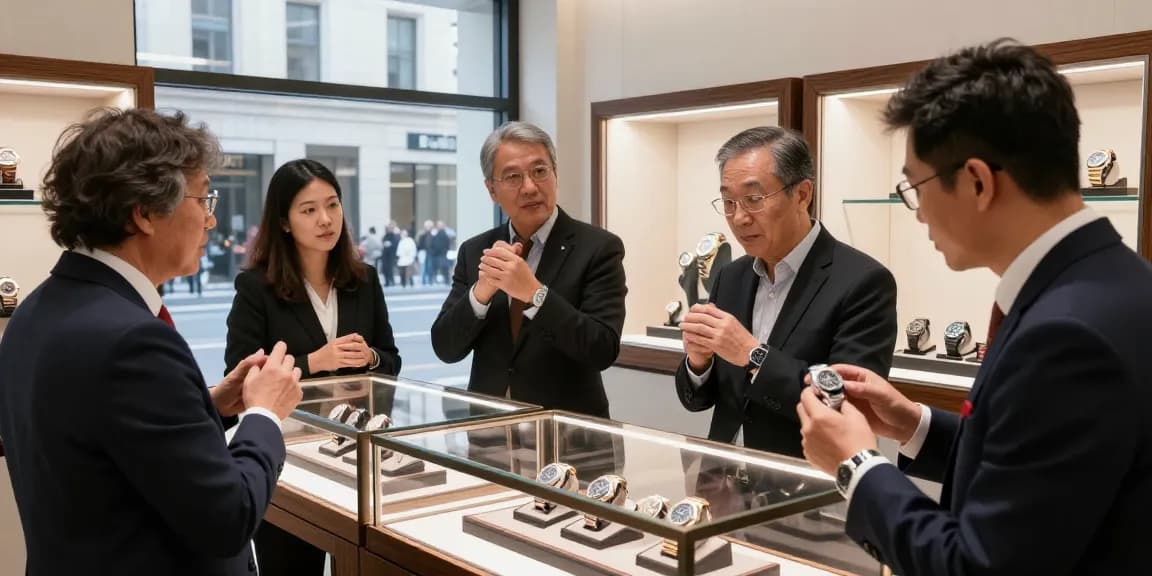 Showcasing super clone watches in a luxury showroom, collectors discussing intricate details and craftsmanship.
