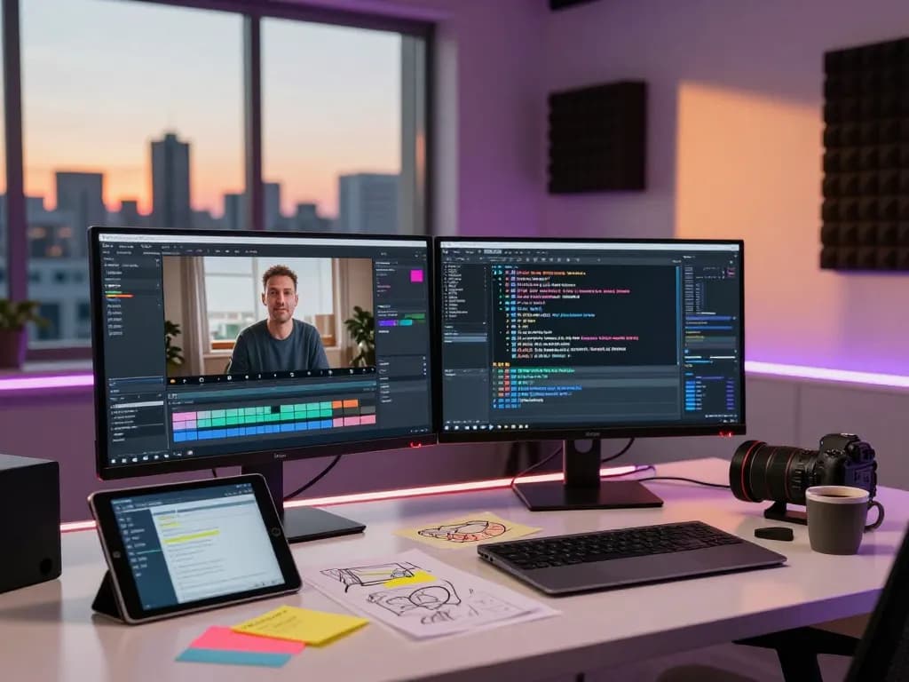 Creative workspace showing video to prompt analysis with AI-generated prompts on screens and sunset city view.