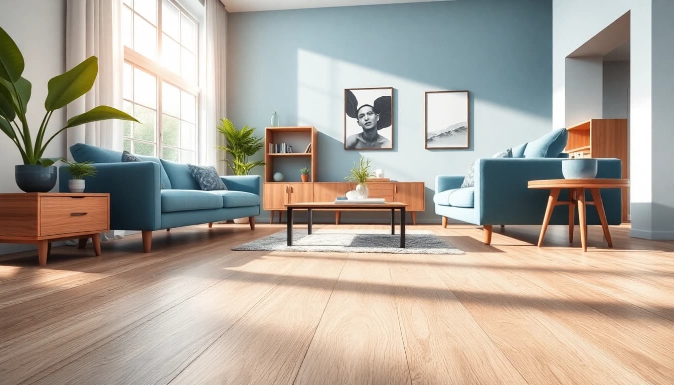 Showcase of waterproof vinyl flooring in a contemporary living room with natural light highlighting its features.