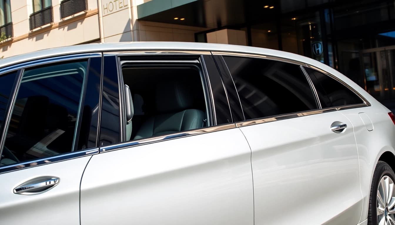 Experience premium Chauffeur Services near me with a sleek vehicle at a luxurious hotel.