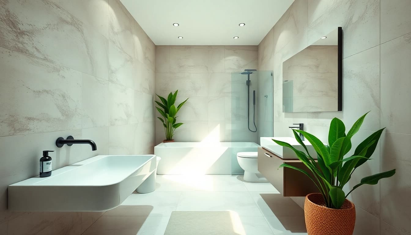 Bathroom remodeling near me showcase with modern fixtures and bright lighting.