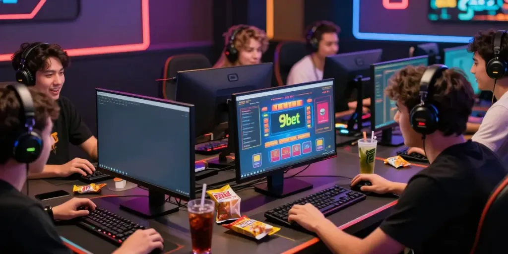 Players enjoying the excitement of 9bet online gaming, surrounded by colorful screens.