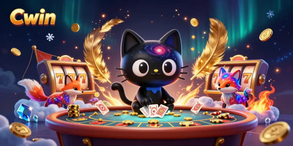 Cwin's cosmic casino experience with a black hole cat and nebula fox amidst golden chips and slot reels.
