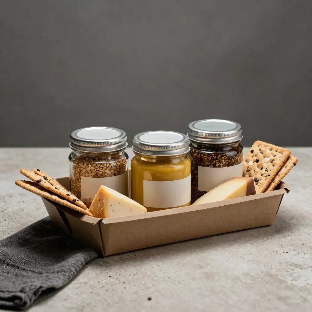 Three mustard jars in a kraft tray with cheese and seeded crackers on pale stone.