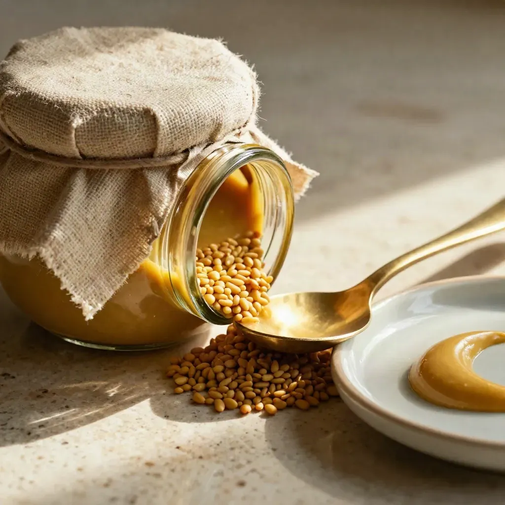 Linen-wrapped mustard jar with brass spoon, seeds and pale ceramic dish in raking light.