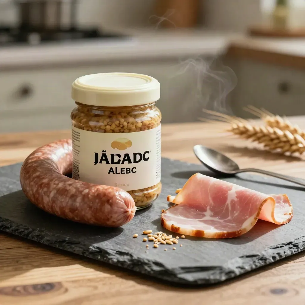 Mustard jar with sausage, ham, grains, and a spoon on slate in soft daylight.