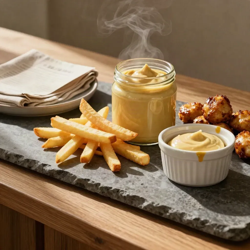 Honey mustard dip jar with fries and roast chicken bites beside a cream ramekin on stone.