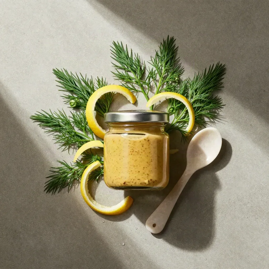 Overhead mustard jar with dill, chive curls, lemon peel and stone spoon on matte concrete.