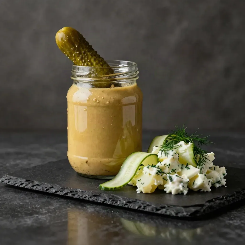 Dill pickle mustard jar with pickle spear, cucumber ribbons and potato salad on a dark slate surface.
