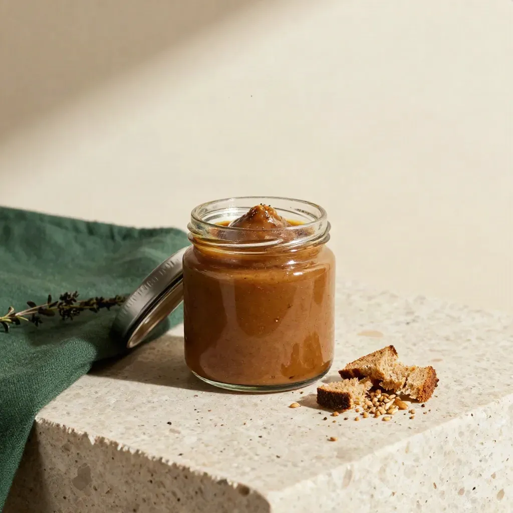 Spicy brown mustard jar with rye shards and pepper on travertine in soft studio light