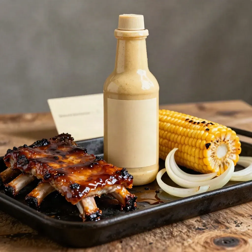 Barbecue mustard sauce bottle with ribs, corn cob, onion skin, and charred tray