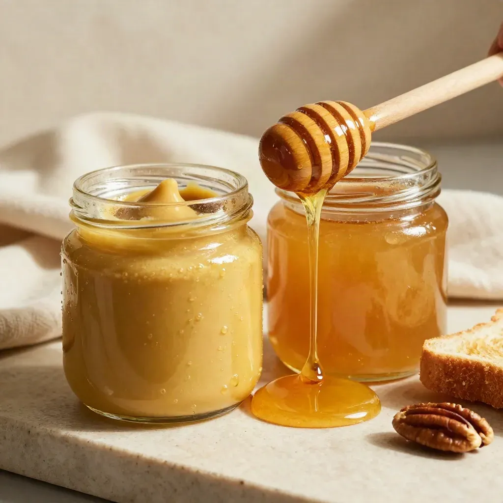 Two unlabelled jars of mustard and honey with a dipper, toast and pecans in warm macro light.