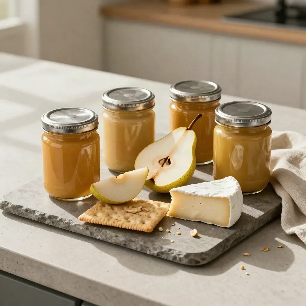 Four mustard jars on a cheese board with pears, crackers and soft cheese wedges.