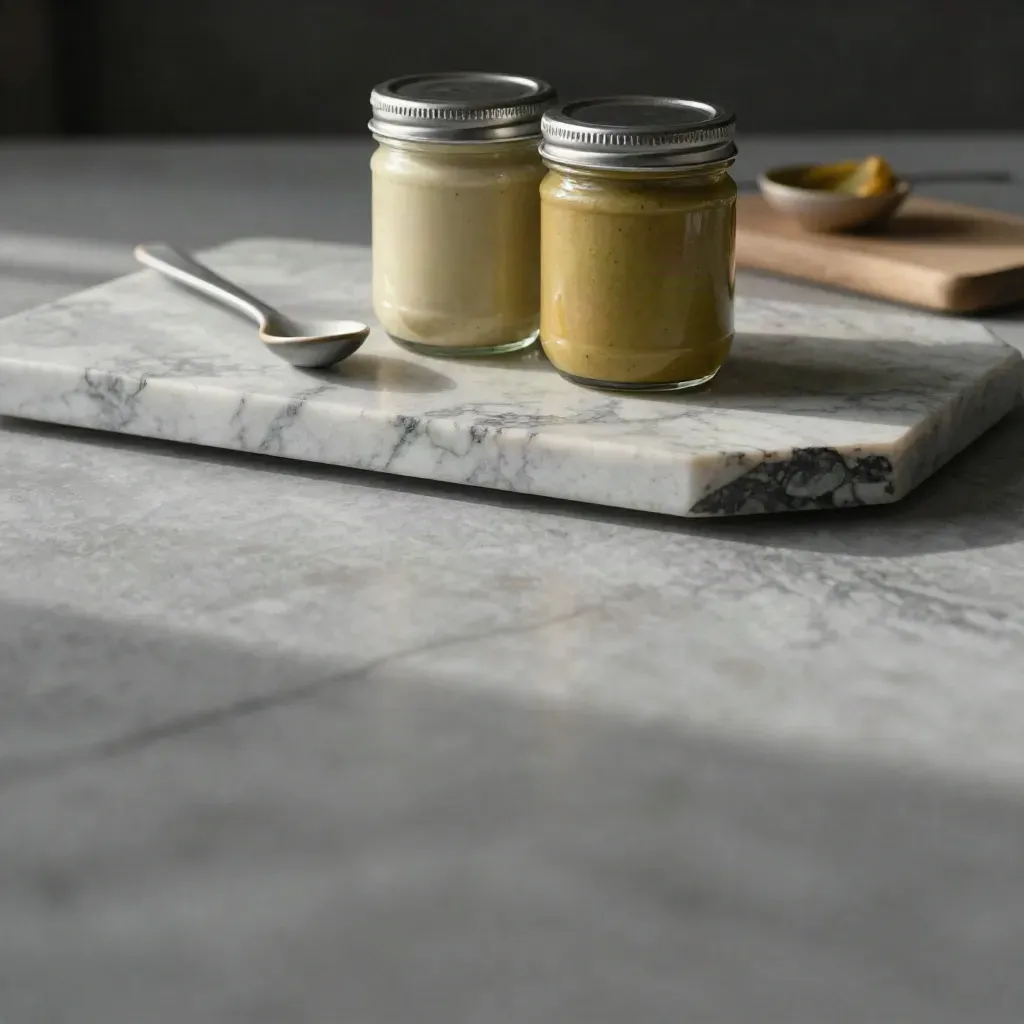 Mustard jars and deli boards on weathered marble in soft morning light.