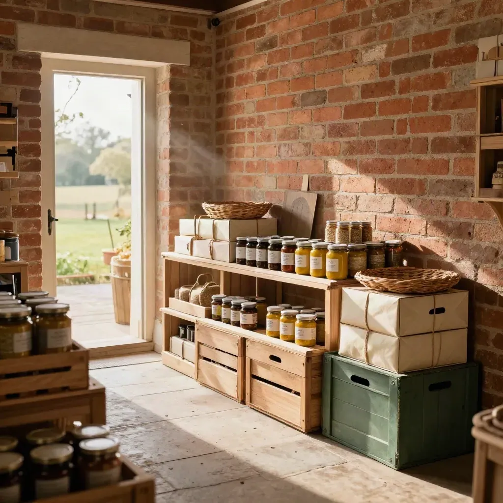 Brick farm shop interior with mustard gift sets near a glowing doorway.