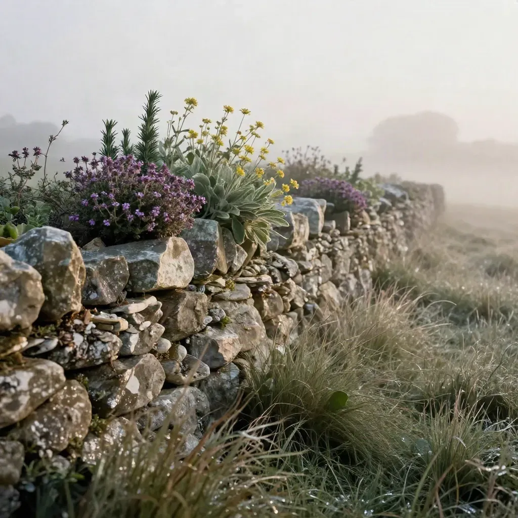 Wind-ruffled herb patch by a stone wall in misty sunrise light