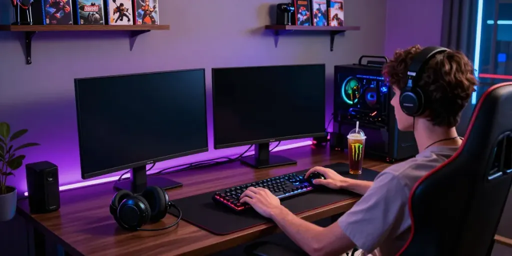 Engaged gamer at rokok88 login with vibrant gaming setup and immersive atmosphere.