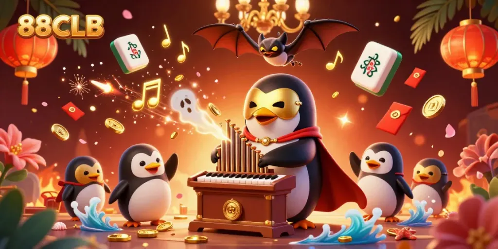 88CLB scene showcasing a 3D cartoon penguin playing a golden pipe organ amidst casino-themed elements.
