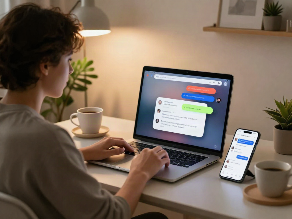 Engaging porn AI chat scene with user interacting with AI on laptop in cozy workspace.