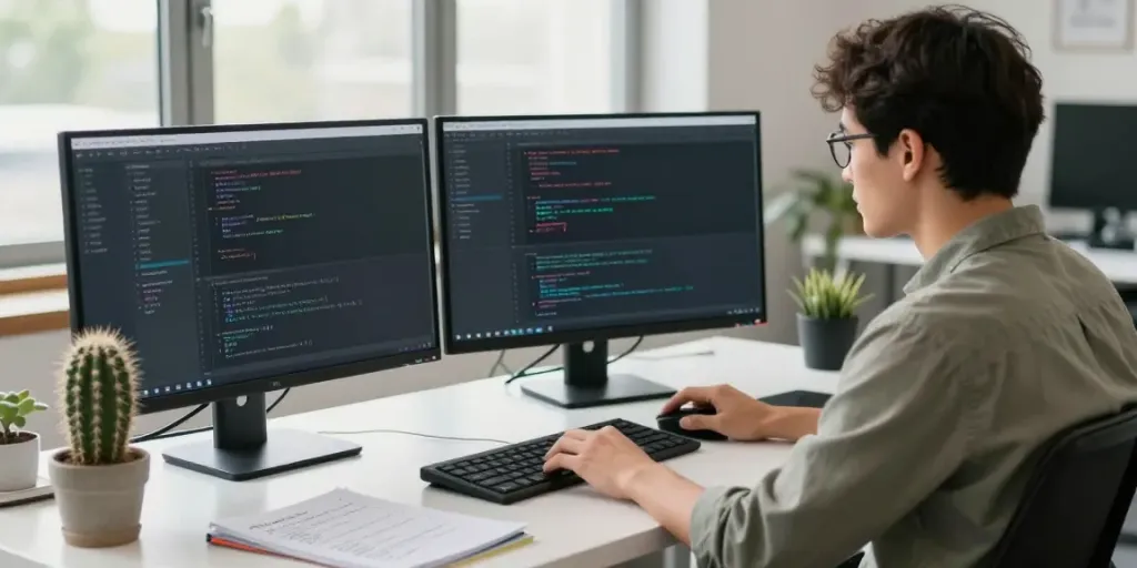 The workspace of a developer using instant indexing tools on dual monitors, showcasing an energetic tech environment.