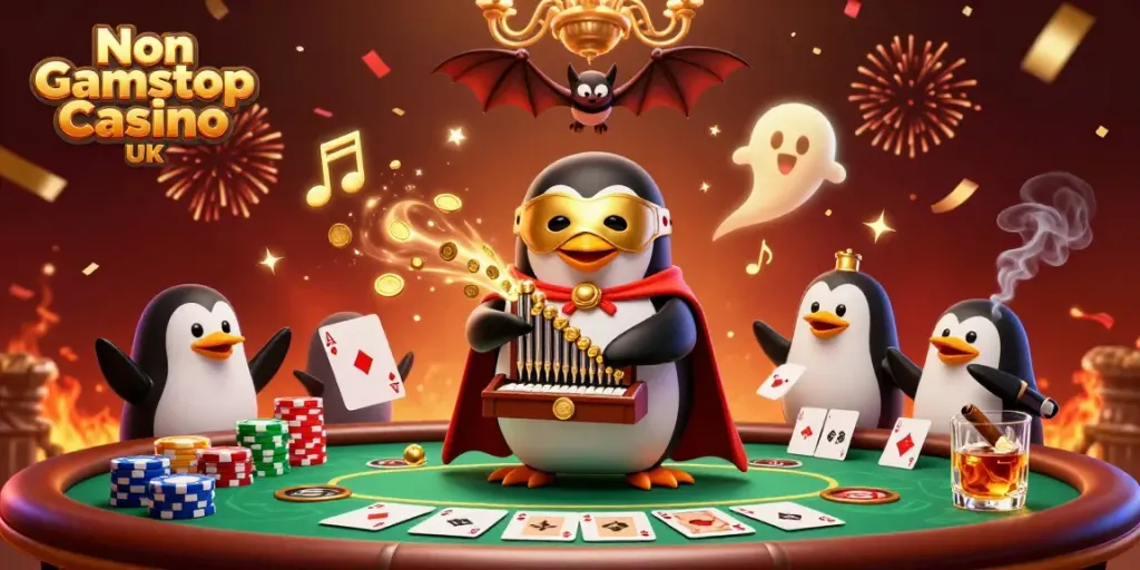 Explore the vibrant world of Non Gamstop Casino UK with a 3D cartoon penguin and golden coins.