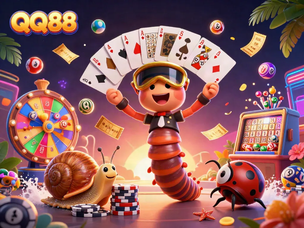 Experience the excitement of QQ88 with a dynamic casino illustration showcasing a whimsical dealer, high-roller, and vibrant game elements.