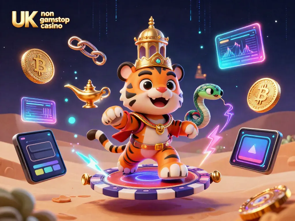 Experience vibrant gameplay at UK non gamstop casino with dynamic 3D scene featuring iconic gambling elements.