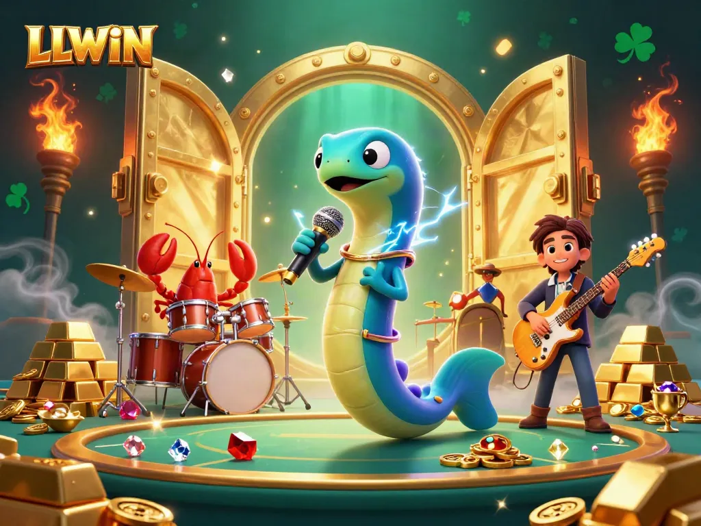 LLWIN showcases an energetic underwater casino scene with vibrant 3D characters performing amidst treasure and dazzling elements.