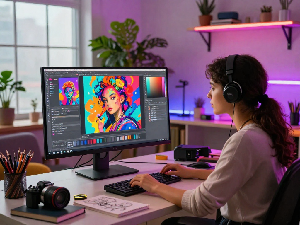 Creative digital artist working on AI NSFW designs in colorful modern studio.