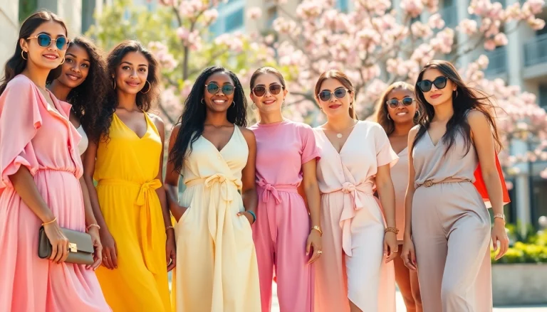 Capture confident women fashionistas flaunting the latest styles in a vibrant outdoor setting.