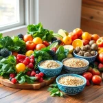 Freshly prepared healthy food spread with vibrant fruits, greens, and grains for nutritious meals.