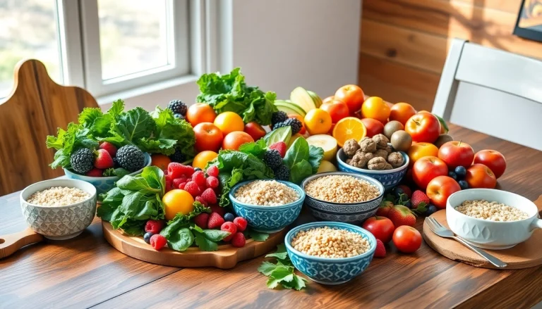 Freshly prepared healthy food spread with vibrant fruits, greens, and grains for nutritious meals.