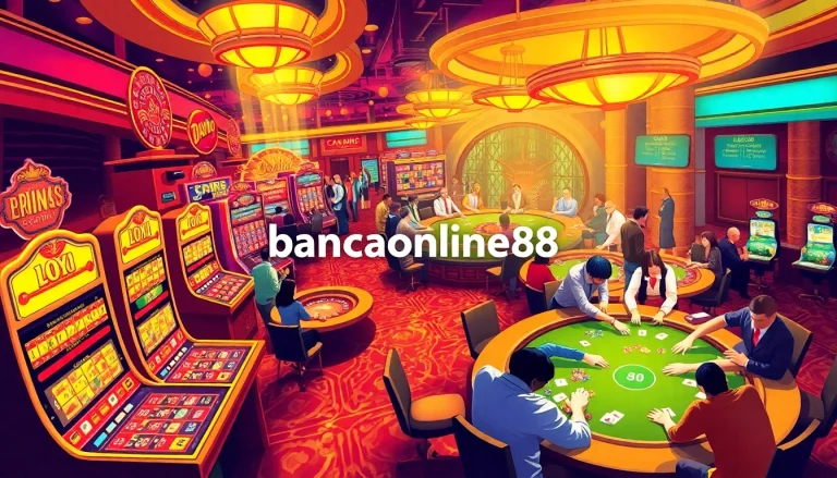 Exciting gambling scene at a casino featuring vibrant tables, players, and "bancaonline88" guiding online gambling access.