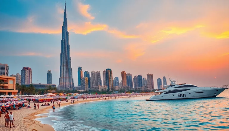 Experience exquisite travel to Dubai with vibrant cityscapes and stunning sunsets at the Burj Khalifa beach.