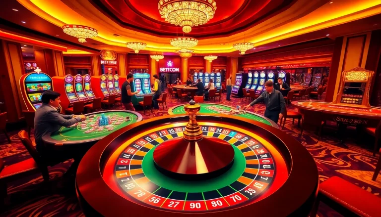 Players enjoying thrilling games at BET88.COM's luxurious casino environment with vibrant slot machines.