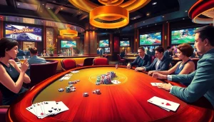 Exciting table action featuring players engaging in game bài đổi thưởng at a luxurious casino.