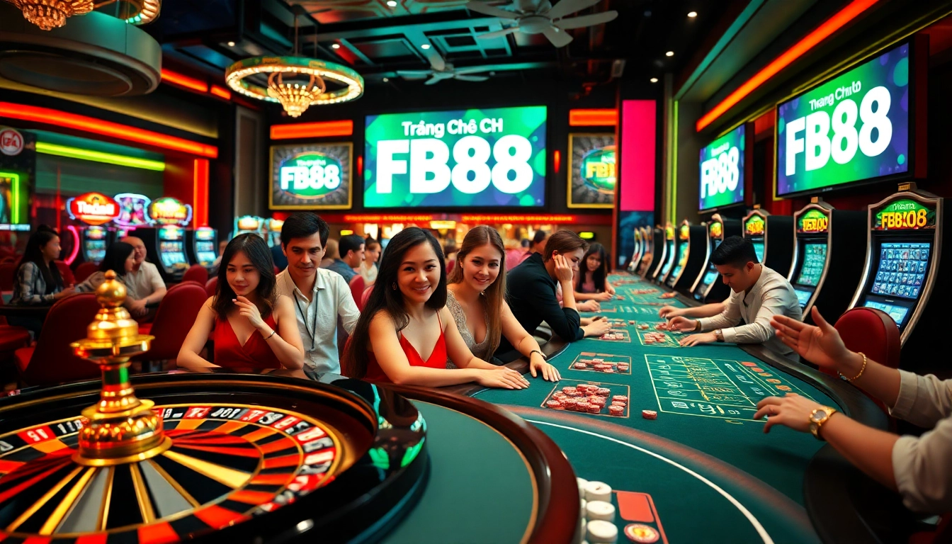 Experience the excitement at Trang Chủ FB88 with players betting at vibrant casino tables, roulette wheels, and slots.