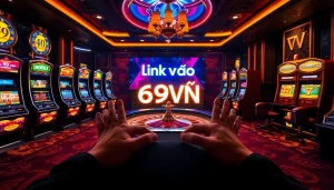 Experience the thrill of placing bets at a casino with "link vào 69VN," surrounded by poker chips and a roulette table.