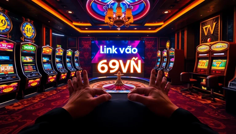 Experience the thrill of placing bets at a casino with "link vào 69VN," surrounded by poker chips and a roulette table.