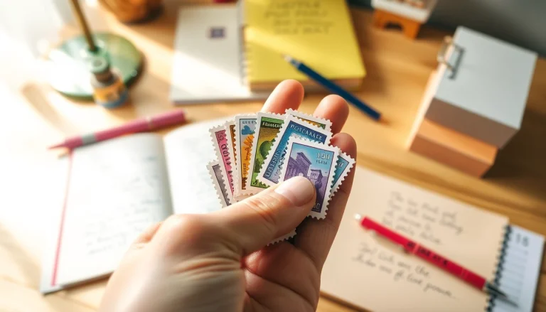 Explore various discounted postage stamps collected on a cozy desk with stationery.