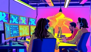 Showcase a dynamic workspace at uk games studios emphasizing innovation and collaboration.