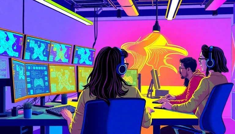 Showcase a dynamic workspace at uk games studios emphasizing innovation and collaboration.