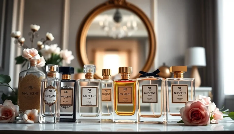 Showcase NU Scent Premium Dupes Keywords with elegant perfume bottles in a luxurious setting.