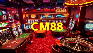 Experience the thrill of gambling with CM88 at a bustling casino, showcasing vibrant slot machines and intense poker tables.