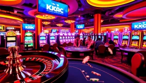 Casino scene showcasing KJC AC with roulette wheel and poker tables.
